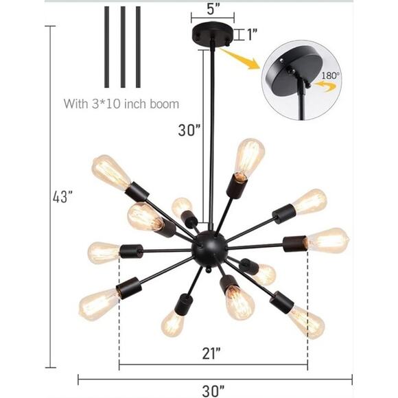 Sputnik Chandeliers Black Modern 12-Light Farmhouse‎ Pendant Light Mid Century - Picture 6 of 15